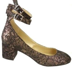 Marc Fisher Kary Brocade Ankle Strap Pumps Black Gold 9M NWOB
